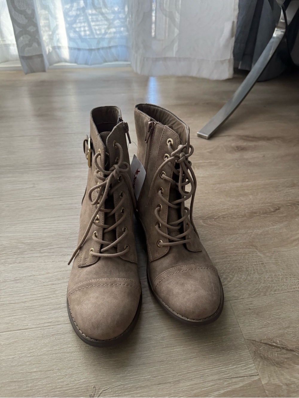 G by Guess Taupe Lace-Up Ankle Boots with Buckle